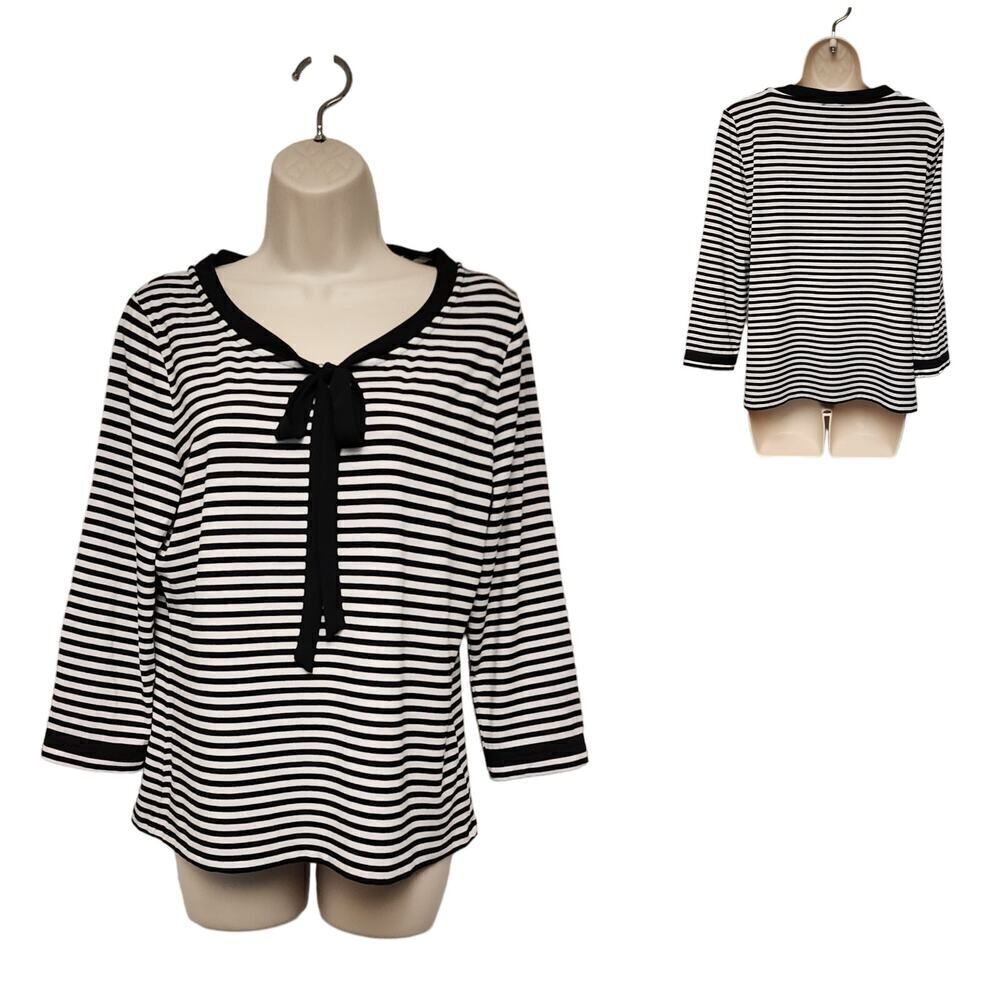 Talbots Womens Top Black White Stripe Knit 3/4 Sleeve Blouse Size PL